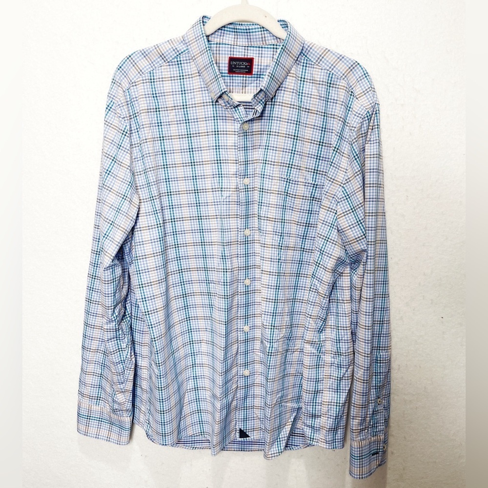 UNTUCKit Men’s Long Sleeve Button Shirt XL Blue Plaid Scansano Nylon Elastane